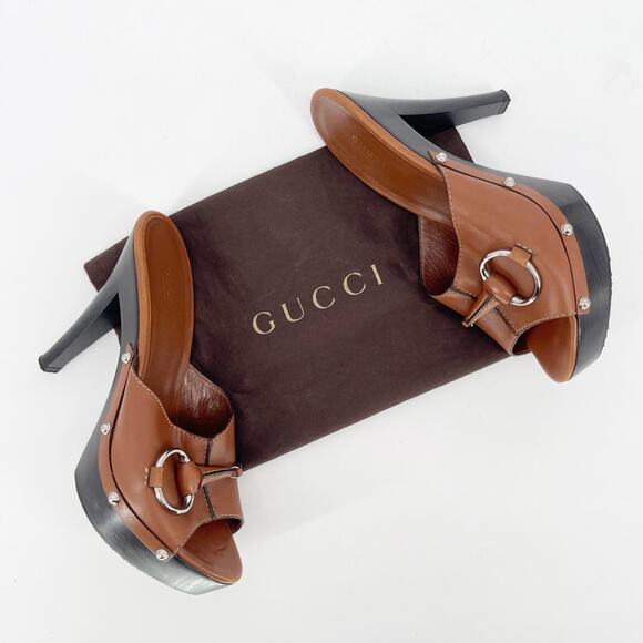 Gucci Cognac Brown Leather Icon Bit Platform Clog High Heel Slide Sandal EU 39.5 - Picture 1 of 12